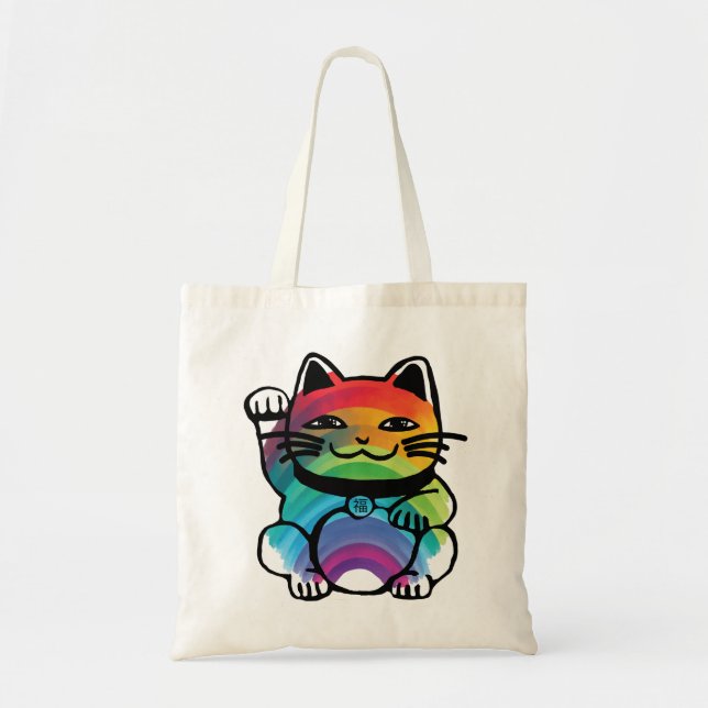 Japanese Good Luck Cat with Rainbow Tote Bag (Front)