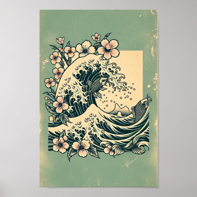 Japanese Great Wave Koi Fish & Cherry Blossom Art Poster (Front)