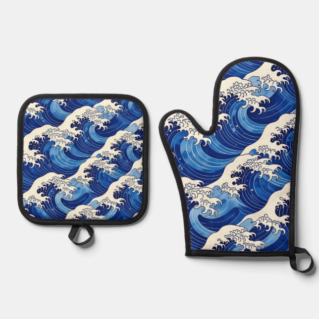 Japanese Great Wave Pattern Ocean  Oven Mitt & Pot Holder Set (Front)