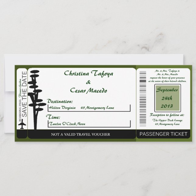Japanese Green Hi Boarding Pass Wedding Invitation (Front)