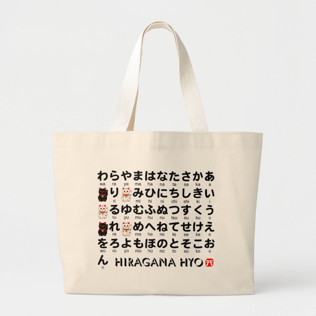 Japanese Hiragana table (Lucky Cat) Large Tote Bag (Front)