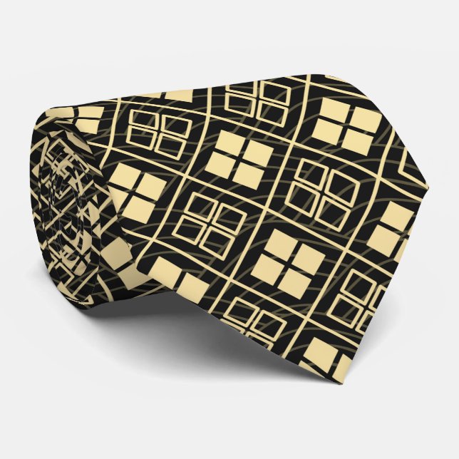 Japanese Hishi and Segaiha Pattern Gold Black Neck Tie (Rolled)