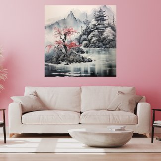 Japanese Hokusai Art Style Mountain Cherry Blossom