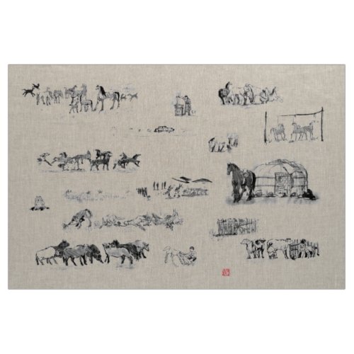 Japanese horse samurai art equestrian sumi fabric