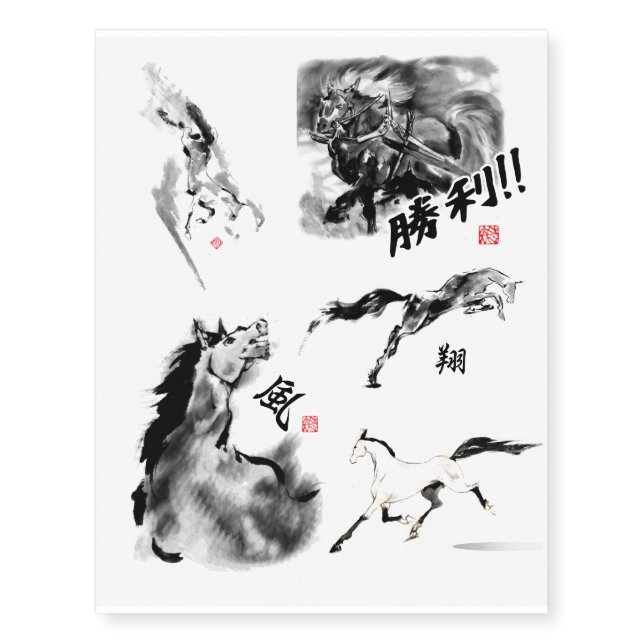Japanese horse samurai art equestrian sumi temporary tattoos (Front)