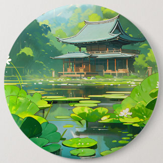 Japanese House and Lake with Green Lily Pads Button