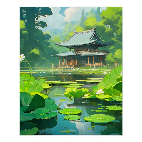 Japanese House and Lake with Green Lily Pads Poster