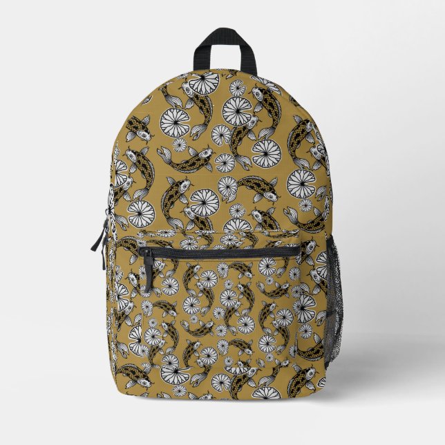 Japanese Indigo Gold Carp Folk Pattern Printed Backpack (Front)