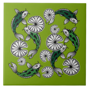 Japanese Indigo Green Carp Folk Pattern Ceramic Tile