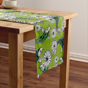 Japanese Indigo Green Carp Folk Pattern Short Table Runner
