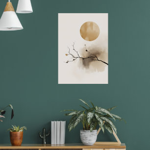 Japanese Ink Branch Poster Zen Moon Wall Art