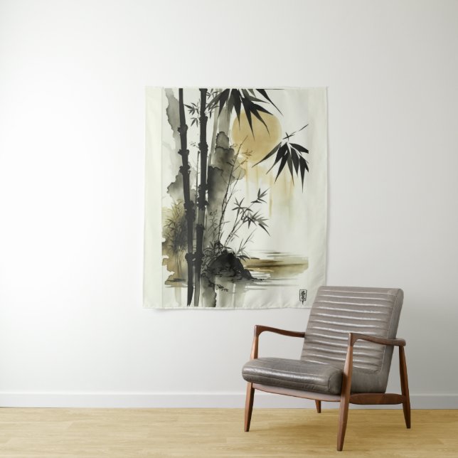 Japanese ink brush abstract nature art tapestry (In Situ)