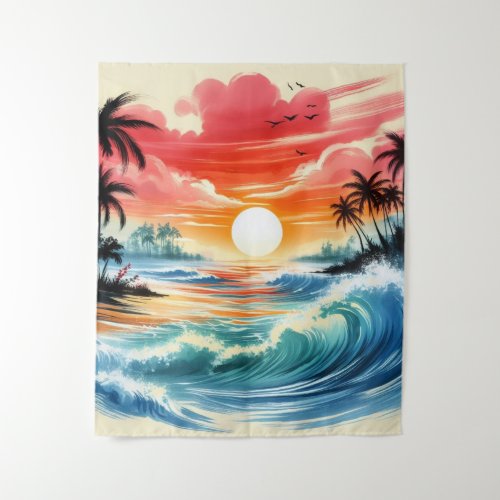 Japanese Ink Drawing Ocean Waves Beach Tapestry 