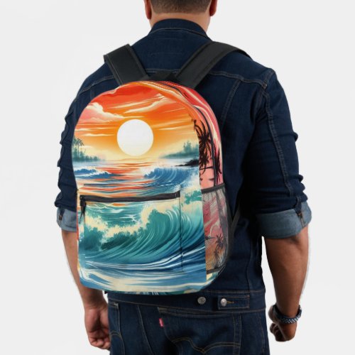 Japanese Ink Drawing Ocean Waves Tropical Beach  Printed Backpack