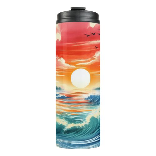 Japanese Ink Drawing Ocean Waves Tropical Beach Thermal Tumbler