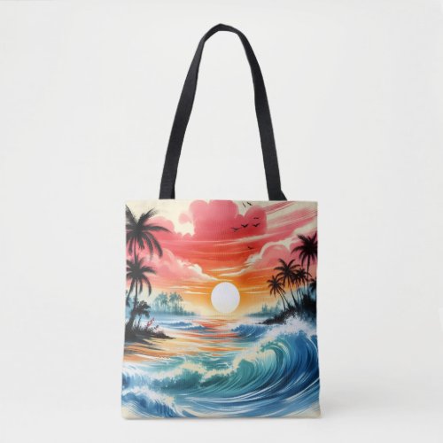 Japanese Ink Drawing Ocean Waves Tropical Beach  Tote Bag