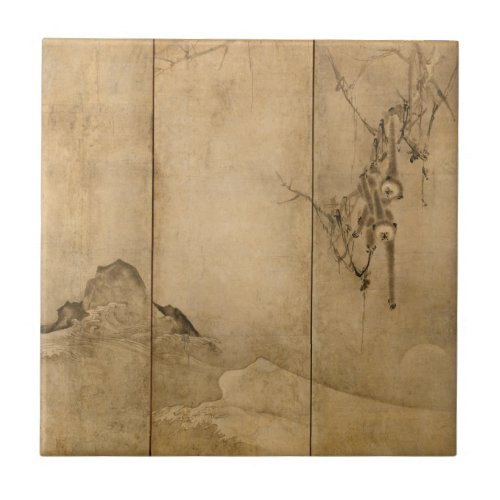 Japanese Ink on paper Gibbons Primates  Landscape Ceramic Tile