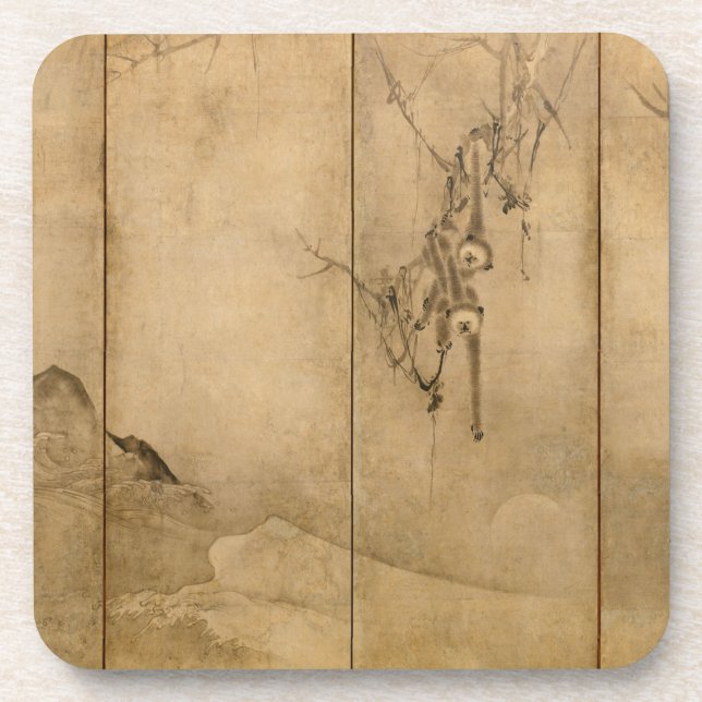 Japanese Ink on paper Gibbons Primates & Landscape Drink Coaster (Front)