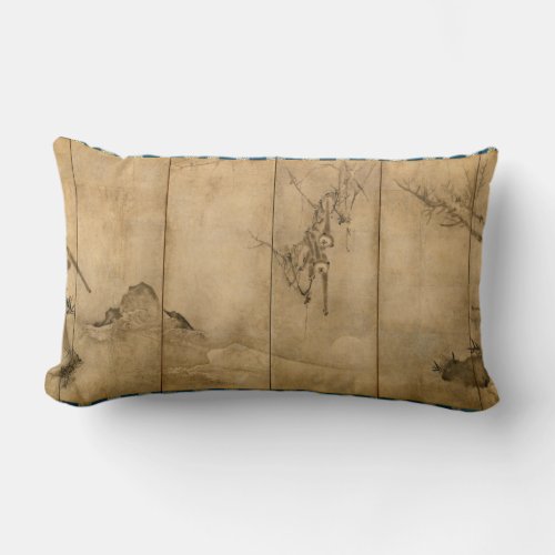 Japanese Ink on paper Gibbons Primates  Landscape Lumbar Pillow