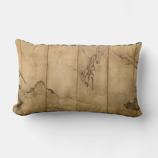Japanese Ink on paper Gibbons Primates & Landscape Lumbar Pillow (Front)
