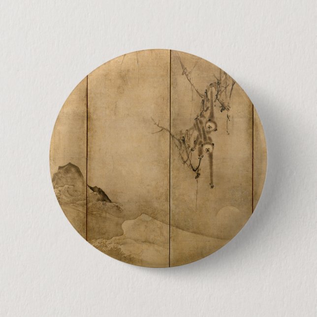 Japanese Ink on paper Gibbons Primates & Landscape Pinback Button (Front)