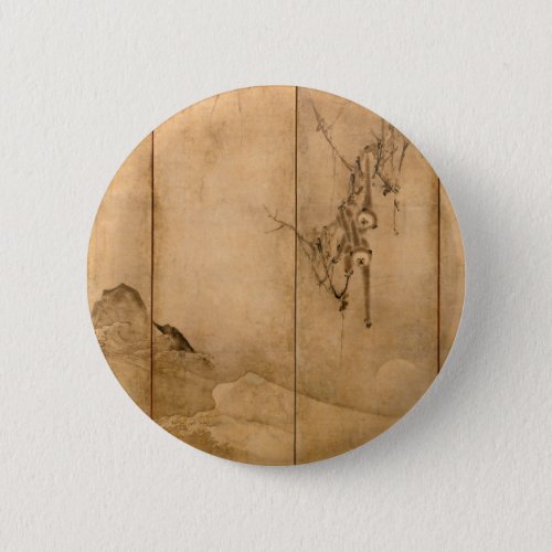 Japanese Ink on paper Gibbons Primates  Landscape Pinback Button