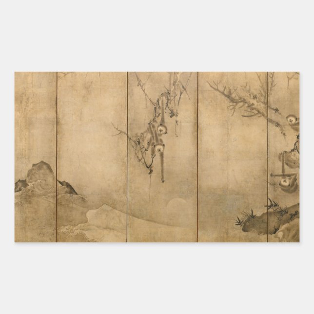 Japanese Ink on paper Gibbons Primates & Landscape Rectangular Sticker (Front)