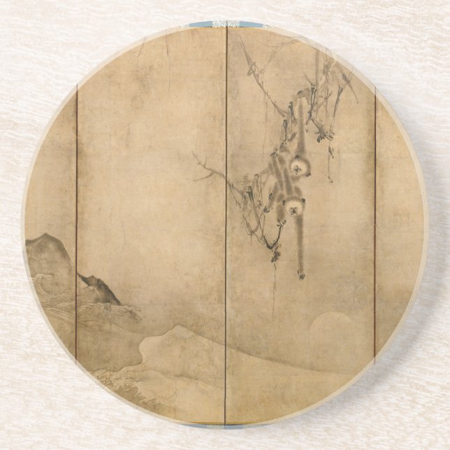 Japanese Ink on paper Gibbons Primates & Landscape Sandstone Coaster (Front)