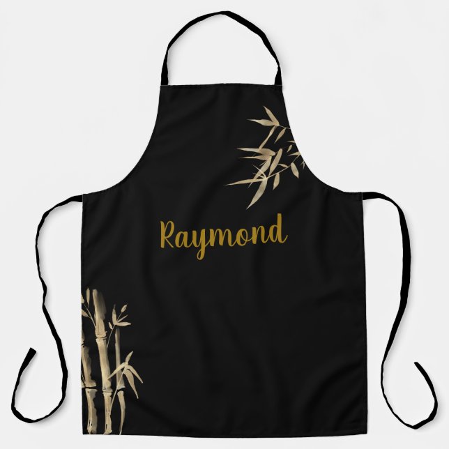 Japanese Ink Printing Black And Gold Bamboo Design Apron (Front)