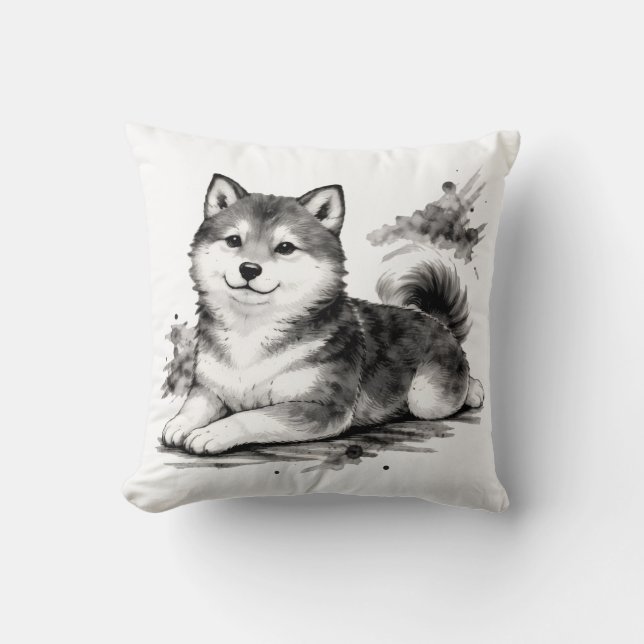 【Japanese Ink Puppy Throw Pillow】 Pillow (Front)