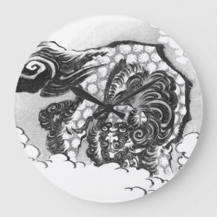 Japanese Ink Shishi Guardian Lion by Hokusai Large Clock