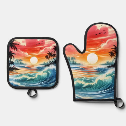 Japanese Ink Style Art Ocean Waves Sunset Palms Oven Mitt  Pot Holder Set