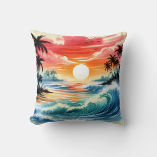 Japanese Ink Style Art Ocean Waves Sunset Palms Throw Pillow