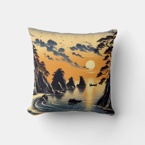 Japanese Ink Style Beach Sunset Throw Pillow