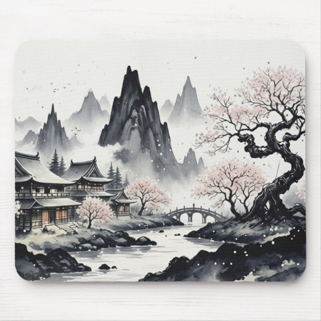 Japanese Ink Wash Landscape Mouse Pad - Zen Sakura (Front)