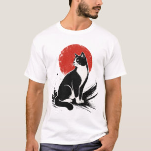 Japanese Ink Wash Tuxedo Cat Red Sun Illustration T-Shirt