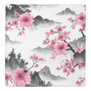 Japanese Inspired Floral Landscape Duvet Cover