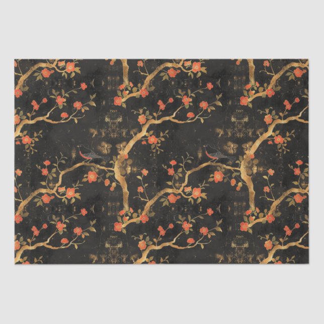 Japanese-inspired Golden Branches & Flowers Tissue Paper (Front)