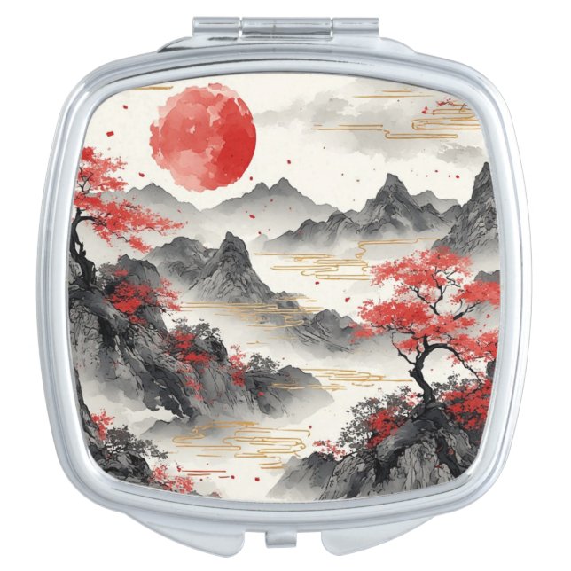Japanese Inspired Landscape Red Black Gold Compact Mirror (Front)