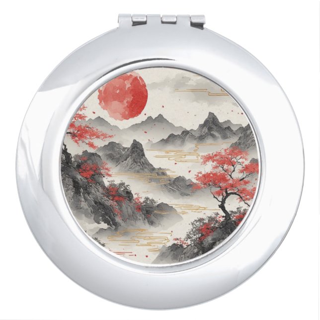 Japanese Inspired Landscape Red Black Gold Compact Mirror (Front)