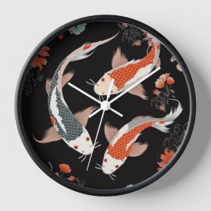 Japanese-inspired orange and white koi & flowers clock