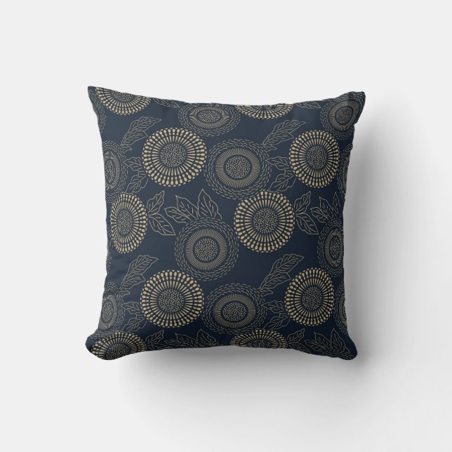 Japanese inspired pattern indigo and tan design7 throw pillow (Front)