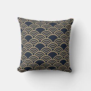 Japanese inspired pattern indigo and tan design 1 throw pillow