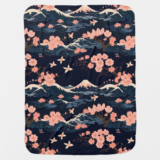 Japanese-Inspired Sakura Cherry Blossom  Baby Blanket (Front)