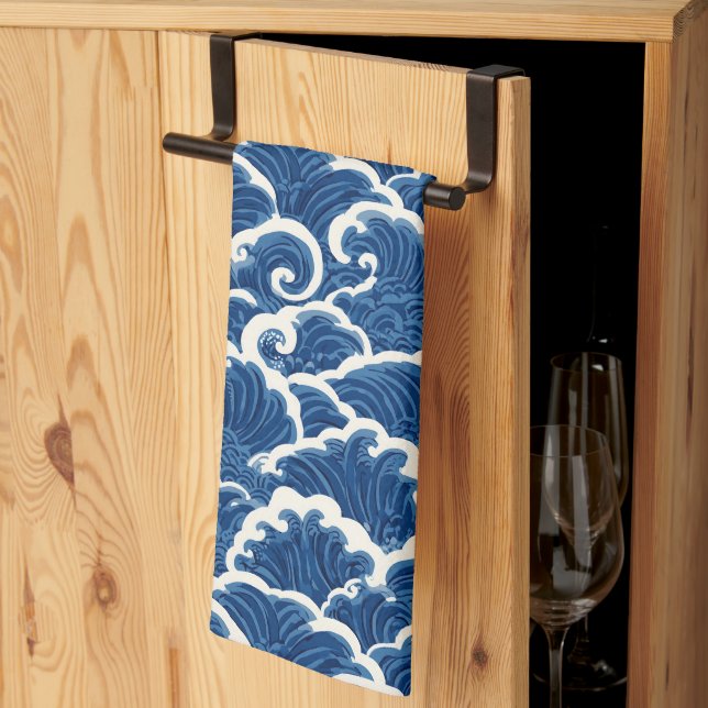 Japanese-Inspired Seamless Ocean Wave Pattern Kitchen Towel (Thirds Fold)