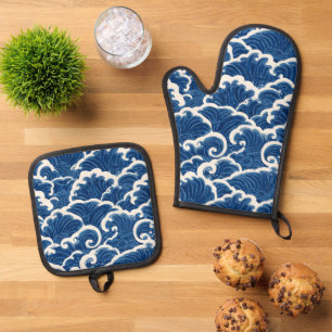 Japanese-Inspired Seamless Ocean Wave Pattern Oven Mitt & Pot Holder Set