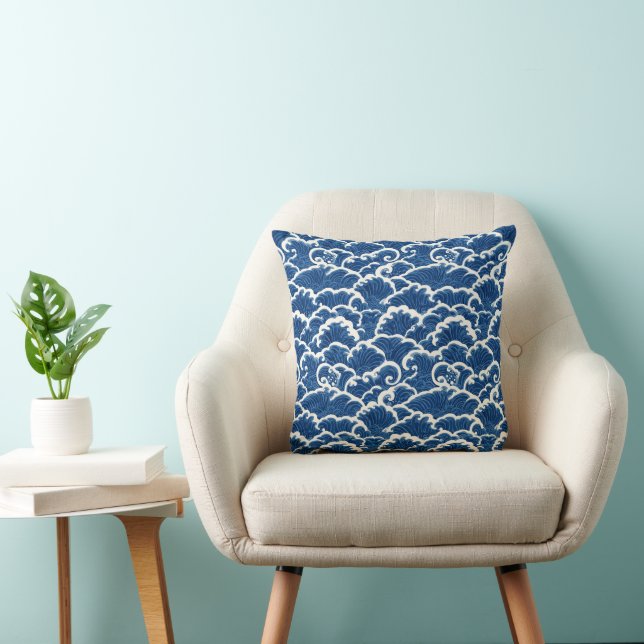 Japanese-Inspired Seamless Ocean Wave Pattern Throw Pillow (Chair)
