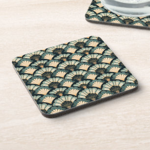 Japanese-inspired Teal & Beige Fan Beverage Coaster