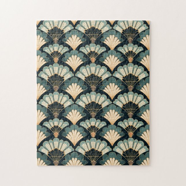 Japanese-inspired Teal & Beige Fan Jigsaw Puzzle (Vertical)