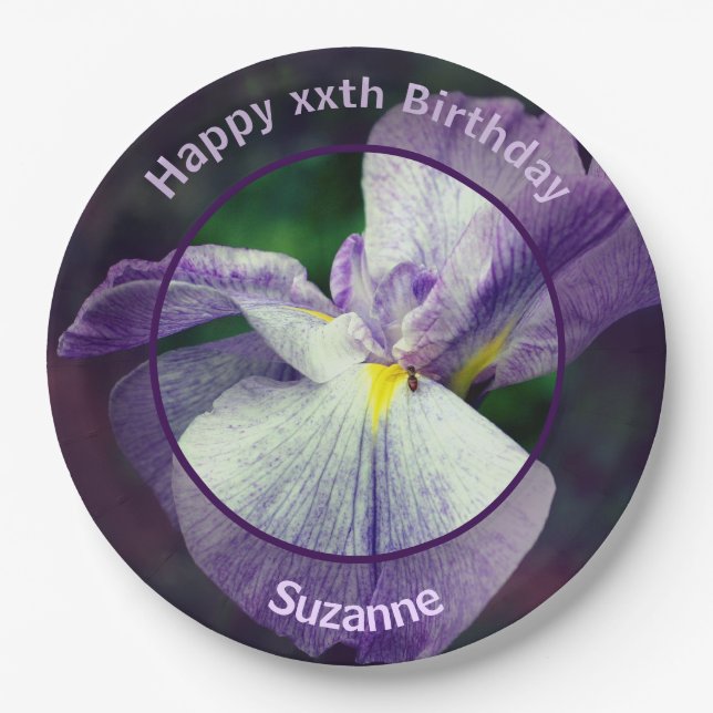 Japanese Iris Flower Personalized Birthday Party Paper Plates (Front)